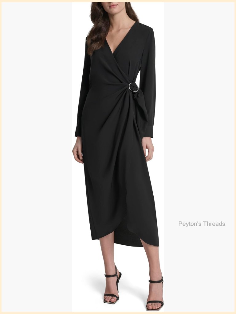 Long Sleeve Surplice Neck Faux Wrap Midi Dress